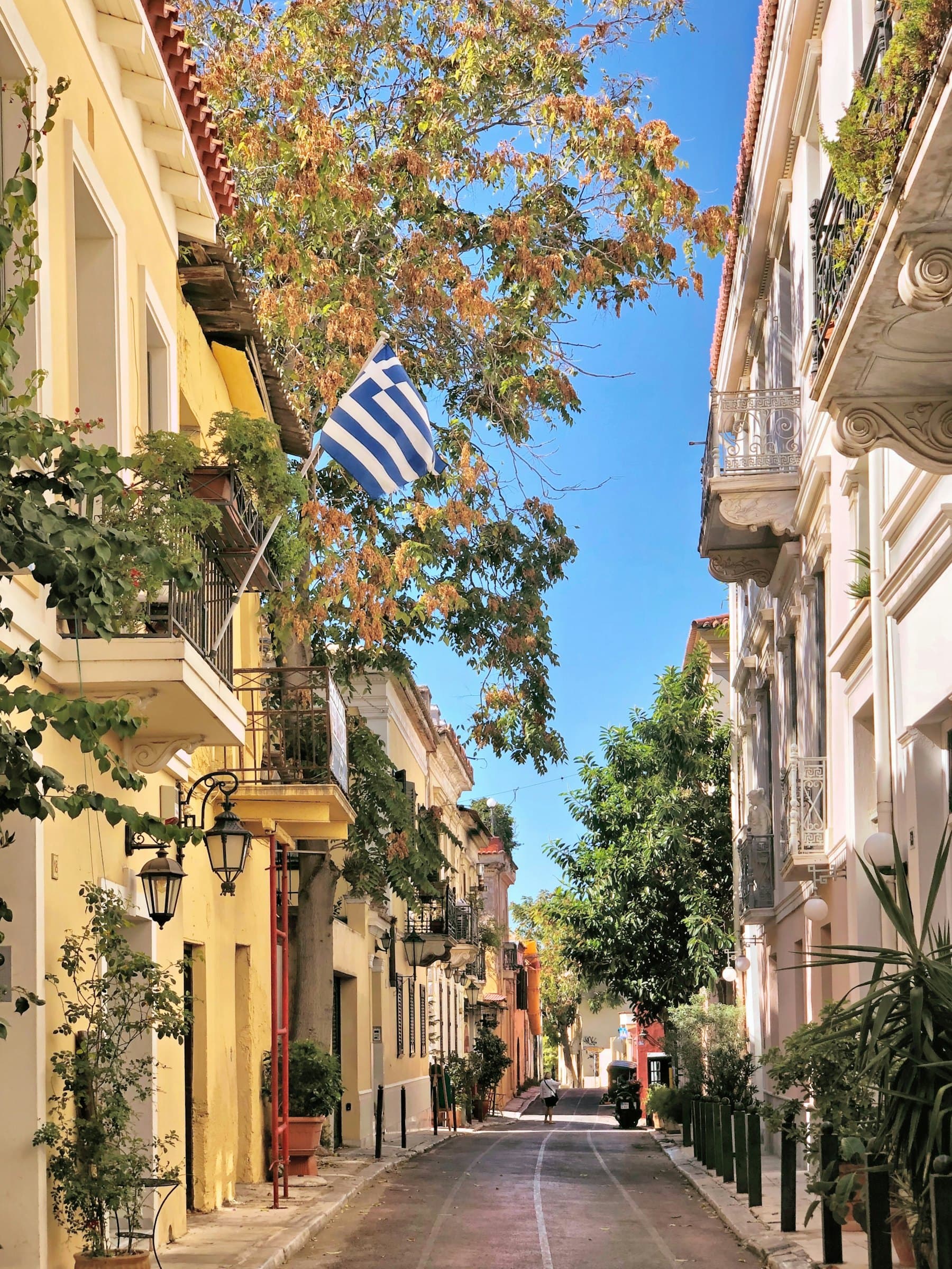People walking along a street in Athens on a sunny day