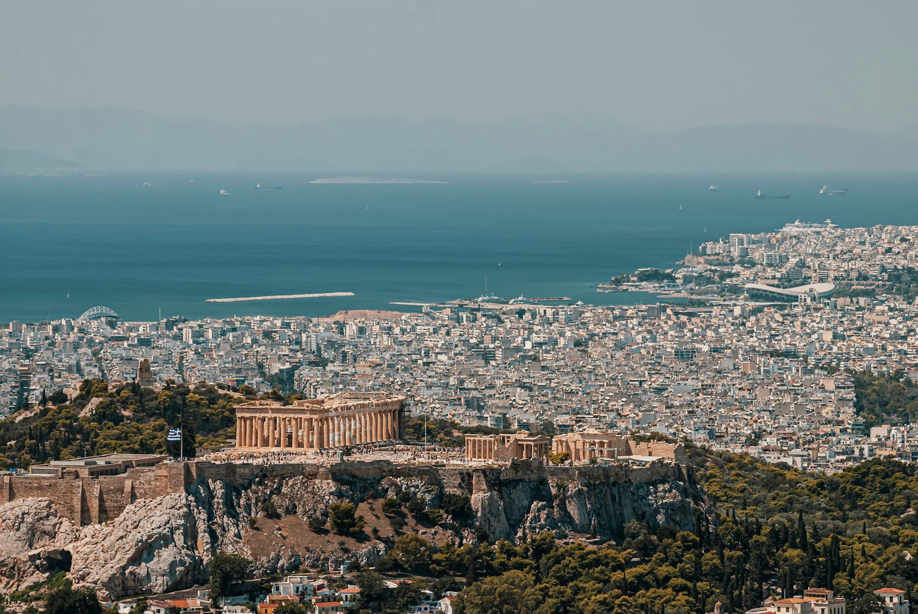 View over Athens towards the sea, with the Acropolis in the foreground